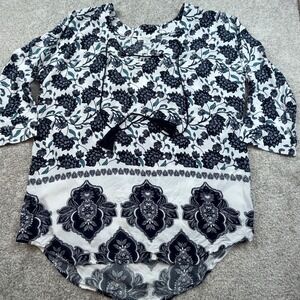 Simply Noelle Womens Floral Medallion Lace Up Tassel Tunic Top White Navy